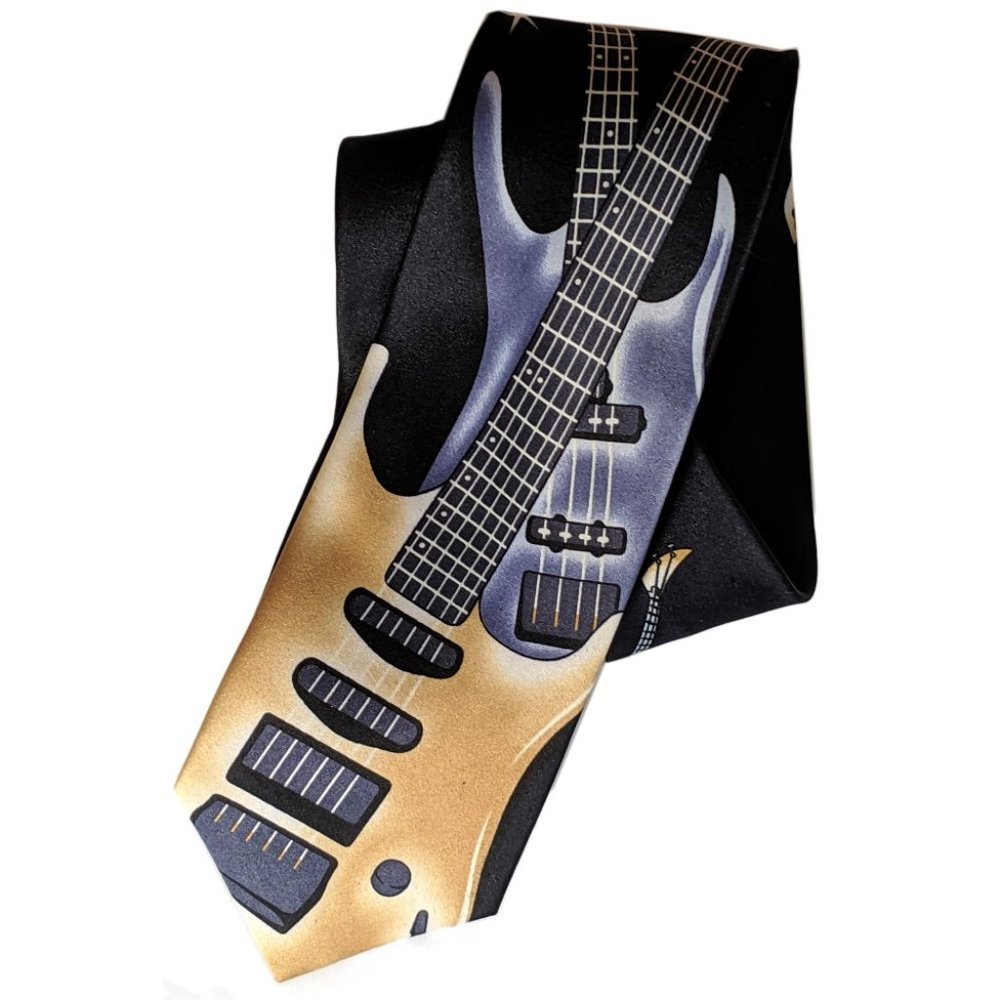 Black Electric Guitar Player Neck Tie Rock Roll Music Necktie Musician Guitarist